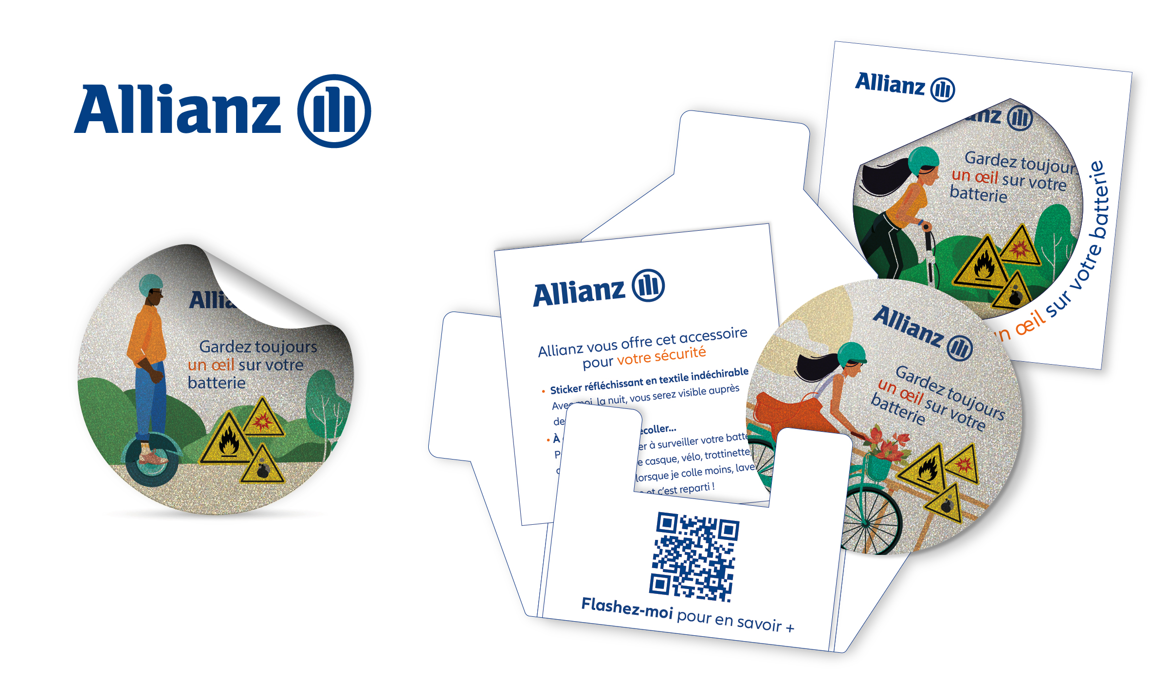 Dispositif de prévention :Allianz protège ses adhérents en renforçant leur visibilité nocturne et en les alertant sur les risques liés aux batteries lithium.