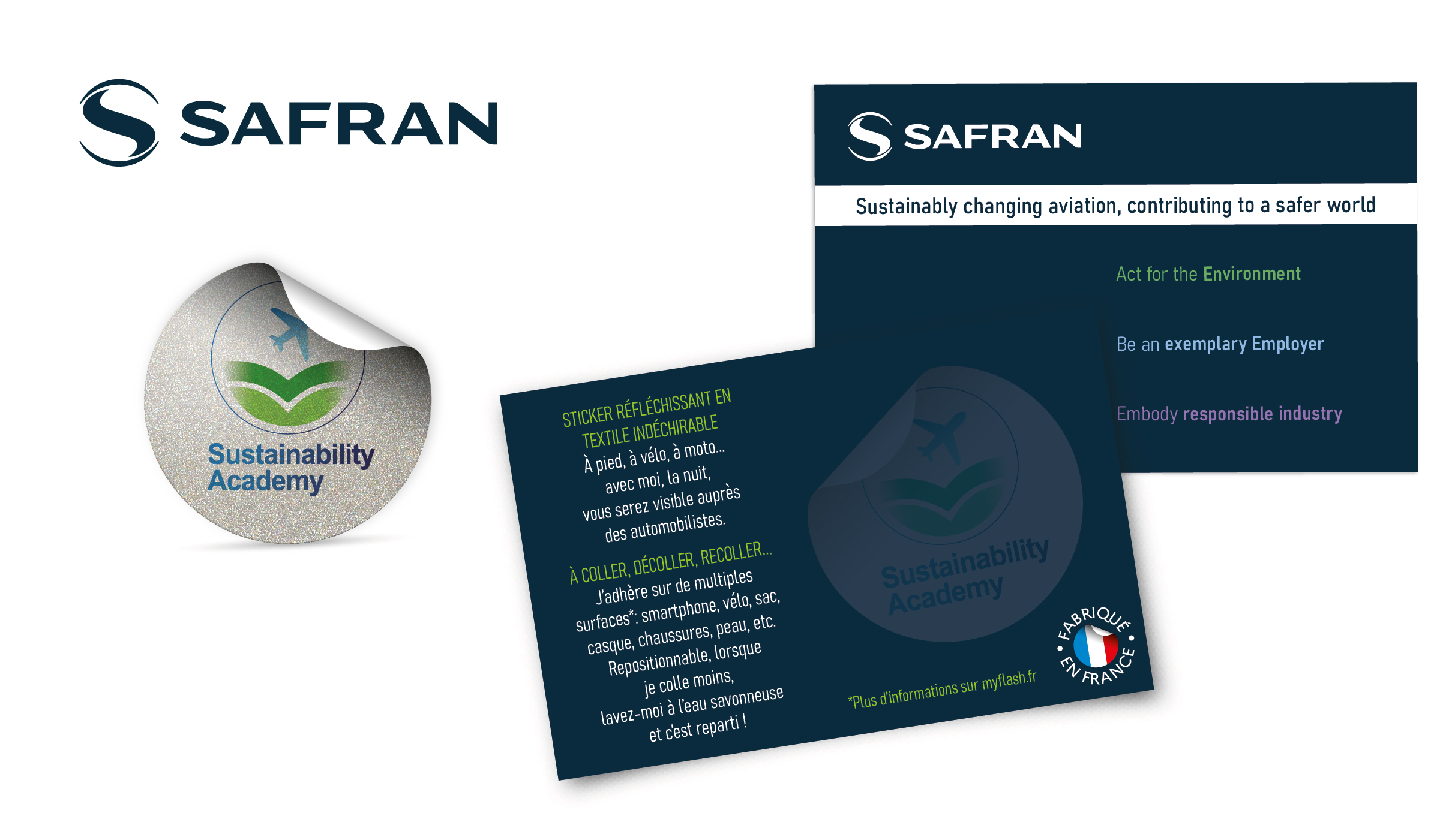 Goodies RSE :Safran communique sur son engagement RSE en mettant en avant son image à travers un accessoire utile, préventif, durable et de fabrication 100 % française.